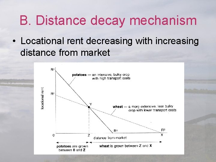 B. Distance decay mechanism • Locational rent decreasing with increasing distance from market 