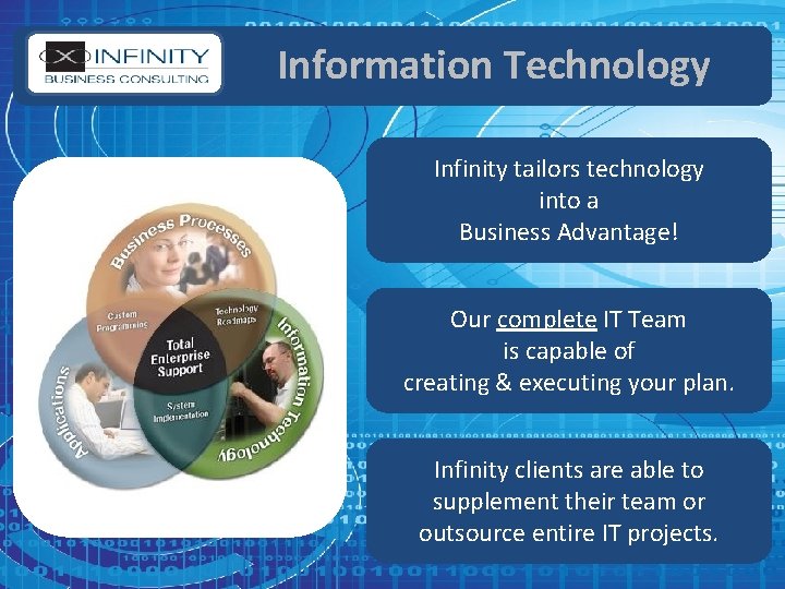 Information Technology Infinity tailors technology into a Business Advantage! Our complete IT Team is