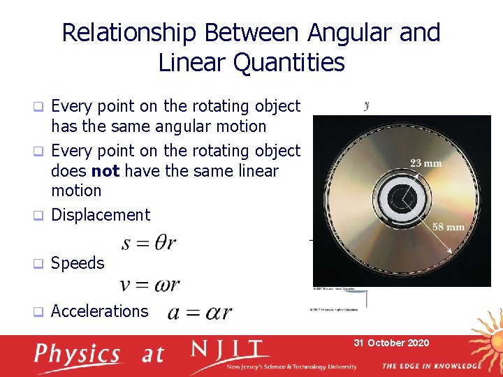 Relationship Between Angular and Linear Quantities Every point on the rotating object has the