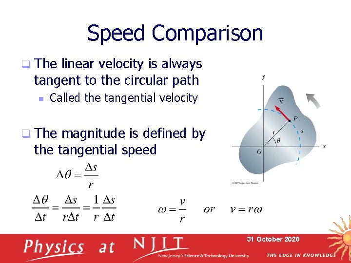 Speed Comparison q The linear velocity is always tangent to the circular path n