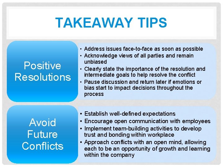 TAKEAWAY TIPS Positive Resolutions Avoid Future Conflicts • Address issues face-to-face as soon as