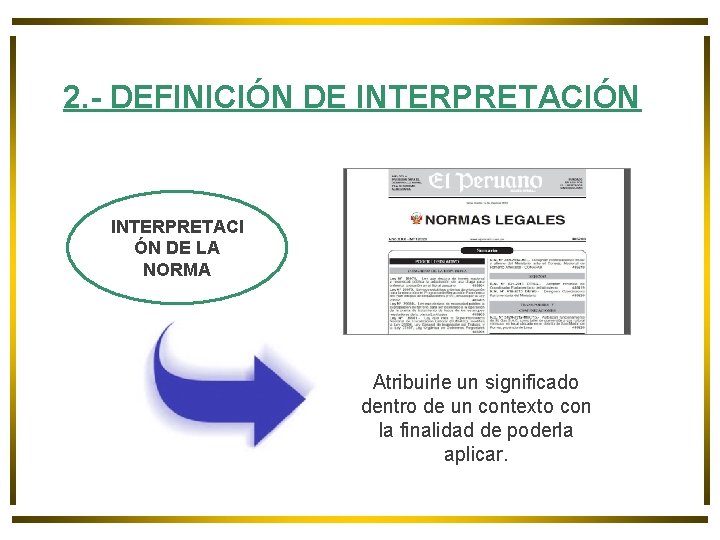 2. - DEFINICIÓN DE INTERPRETACIÓN INTERPRETACI ÓN DE LA NORMA Atribuirle un significado dentro 2. - DEFINICIÓN DE INTERPRETACIÓN INTERPRETACI ÓN DE LA NORMA Atribuirle un significado dentro