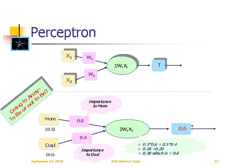 Perceptron X 1 W 1 T ∑Wi Xi W 2 X 2 y: e? Perceptron X 1 W 1 T ∑Wi Xi W 2 X 2 y: e?