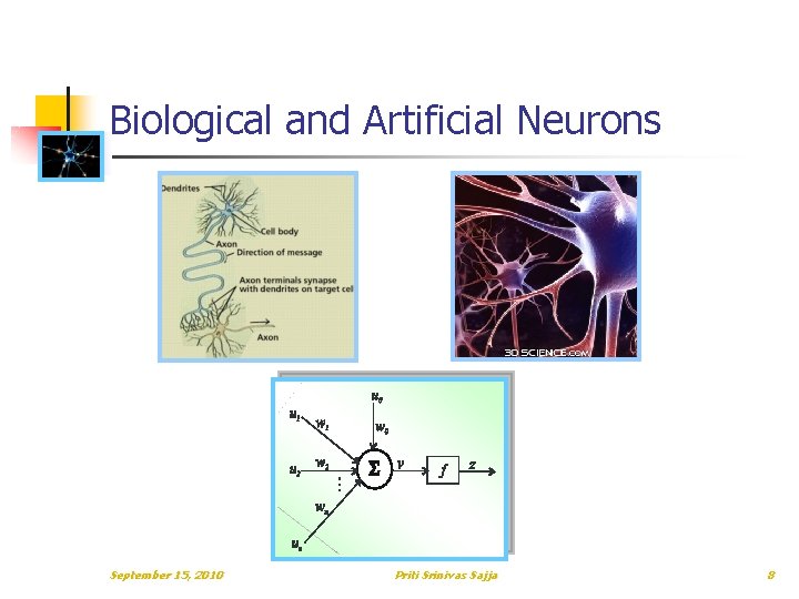 Biological and Artificial Neurons September 15, 2010 Priti Srinivas Sajja 8 Biological and Artificial Neurons September 15, 2010 Priti Srinivas Sajja 8