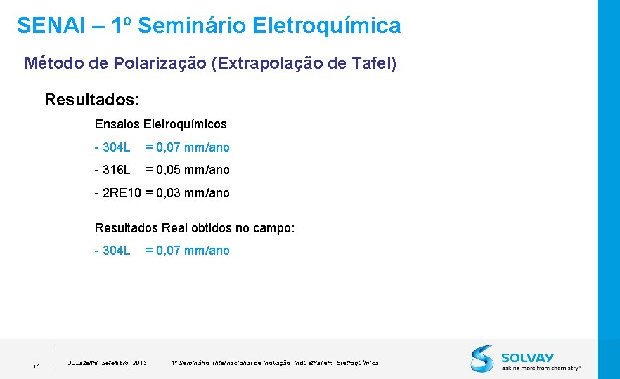 SENAI – 1º Seminário Eletroquímica Método de Polarização (Extrapolação de Tafel) Resultados: Ensaios Eletroquímicos