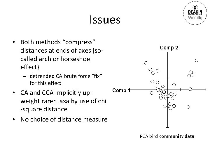 Issues • Both methods “compress” distances at ends of axes (socalled arch or horseshoe