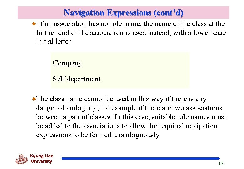 Navigation Expressions (cont’d) If an association has no role name, the name of the