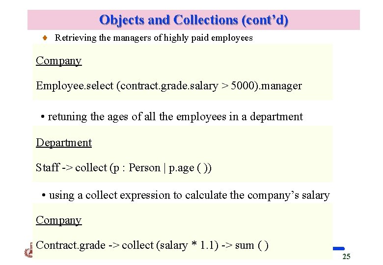 Objects and Collections (cont’d) Retrieving the managers of highly paid employees Company Employee. select