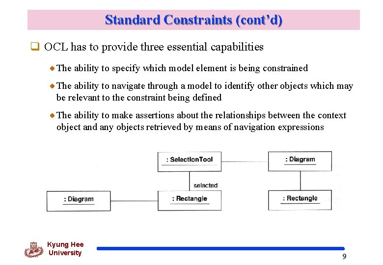 Standard Constraints (cont’d) q OCL has to provide three essential capabilities The ability to