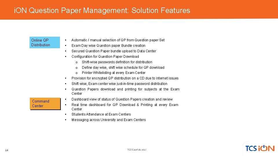 i. ON Question Paper Management: Solution Features Online QP Distribution Command Center 15 •