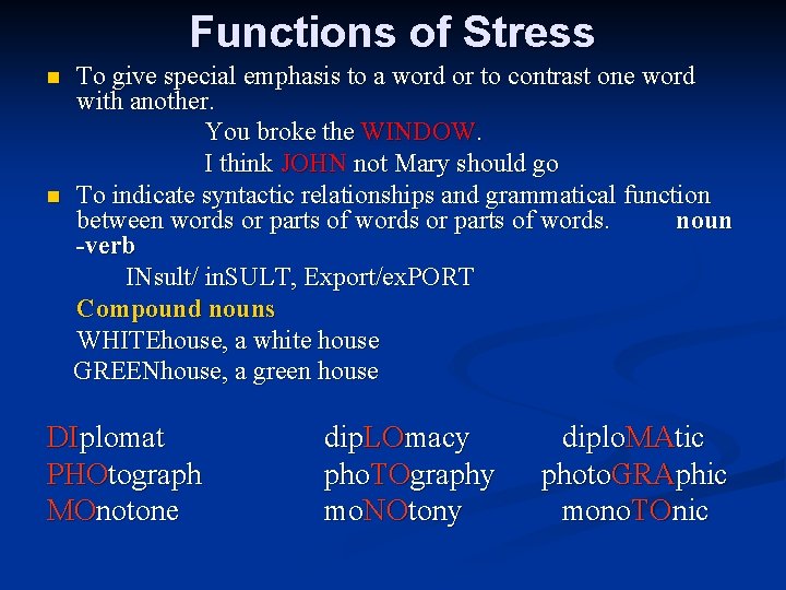 Functions of Stress n n To give special emphasis to a word or to