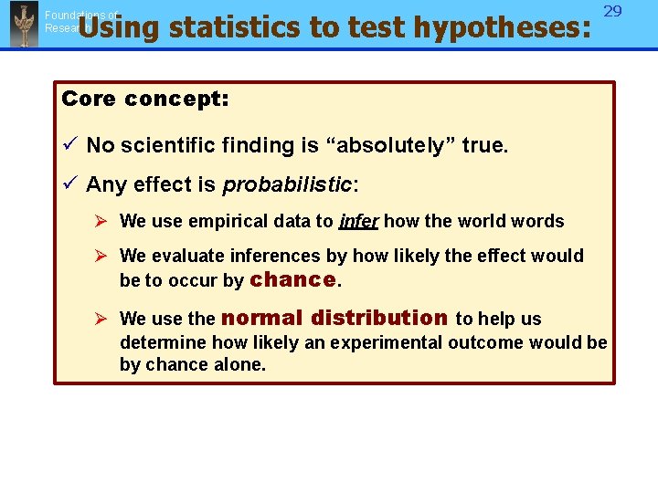 Using statistics to test hypotheses: Foundations of Research 29 Core concept: ü No scientific Using statistics to test hypotheses: Foundations of Research 29 Core concept: ü No scientific