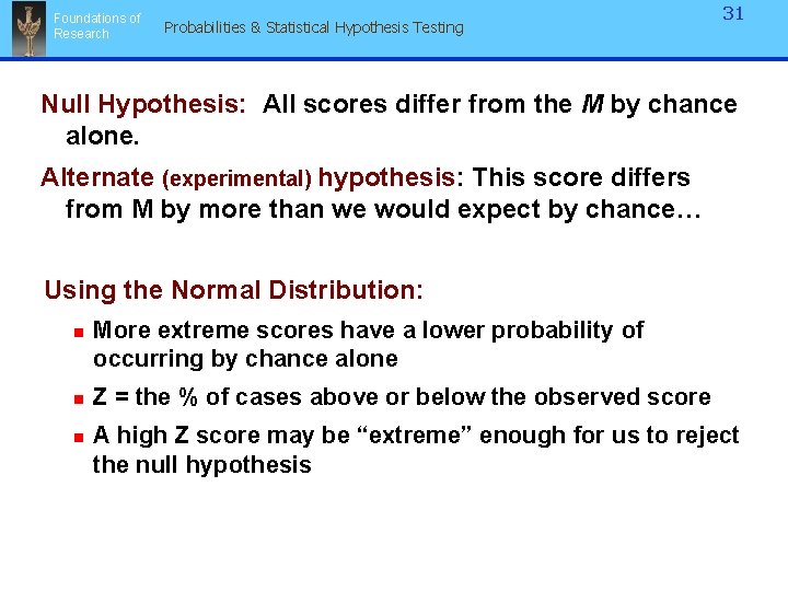 Foundations of Research Probabilities & Statistical Hypothesis Testing 31 Null Hypothesis: All scores differ Foundations of Research Probabilities & Statistical Hypothesis Testing 31 Null Hypothesis: All scores differ