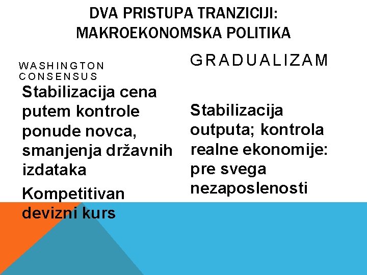 DVA PRISTUPA TRANZICIJI: MAKROEKONOMSKA POLITIKA WASHINGTON CONSENSUS Stabilizacija cena putem kontrole ponude novca, smanjenja