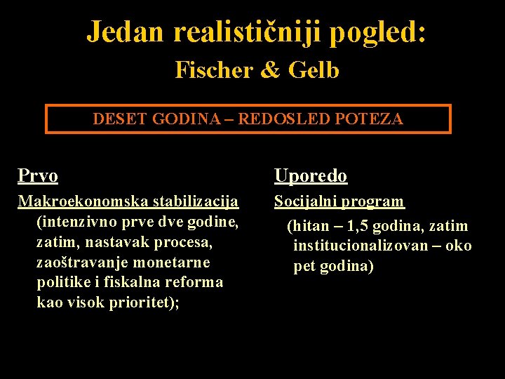 Jedan realističniji pogled: Fischer & Gelb DESET GODINA – REDOSLED POTEZA Prvo Uporedo Makroekonomska