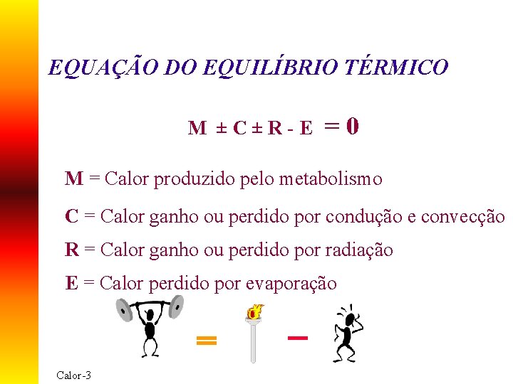 EQUAÇÃO DO EQUILÍBRIO TÉRMICO M ±C±R-E =0 M = Calor produzido pelo metabolismo C