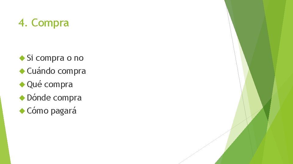 4. Compra Si compra o no Cuándo Qué compra Dónde Cómo compra pagará 