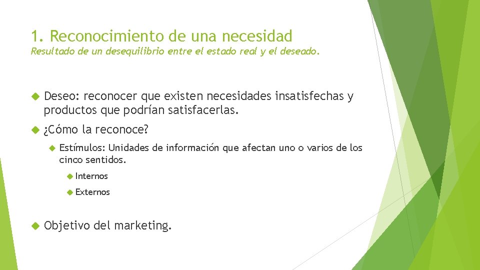 1. Reconocimiento de una necesidad Resultado de un desequilibrio entre el estado real y