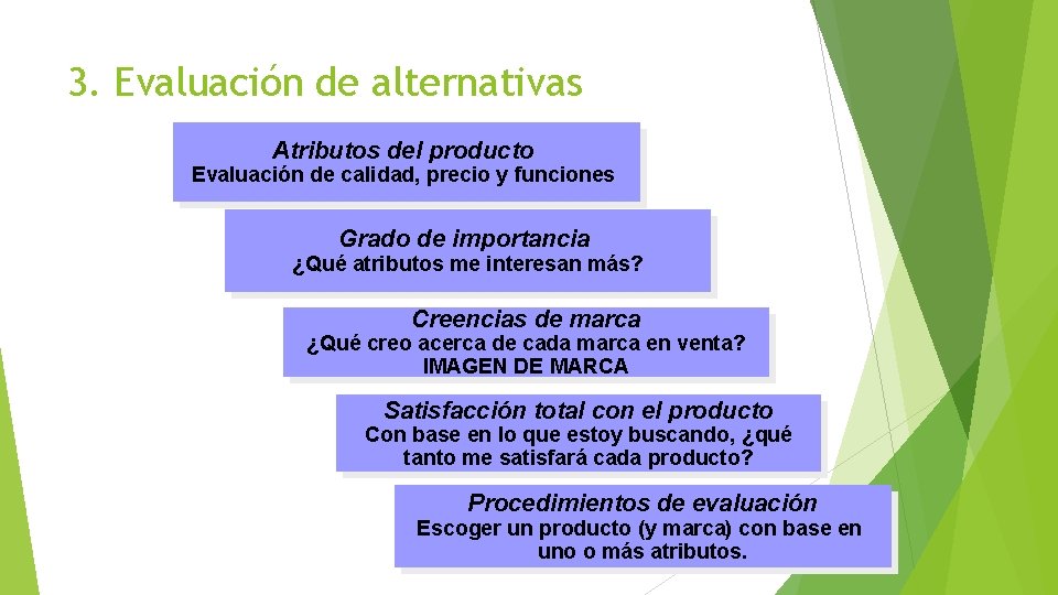 3. Evaluación de alternativas Atributos del producto Evaluación de calidad, precio y funciones Grado