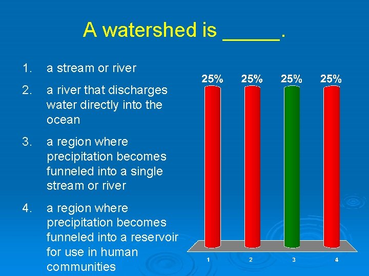 A watershed is _____. 1. a stream or river 2. a river that discharges