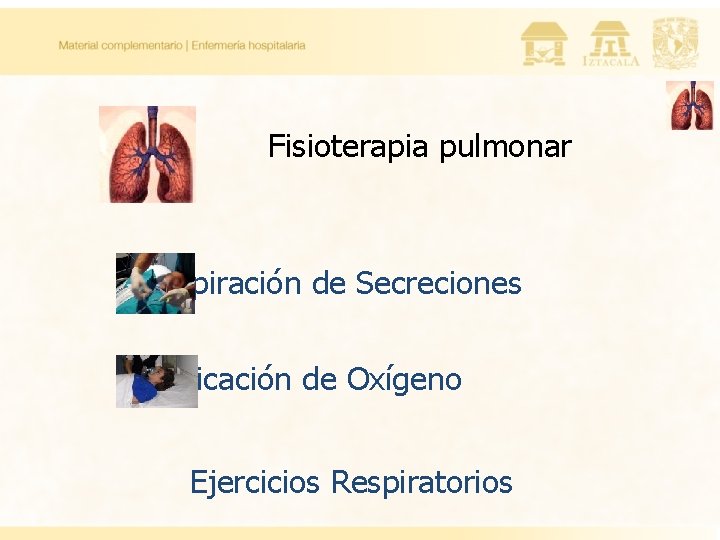 Fisioterapia pulmonar Aspiración de Secreciones Aplicación de Oxígeno Ejercicios Respiratorios Fisioterapia pulmonar Aspiración de Secreciones Aplicación de Oxígeno Ejercicios Respiratorios