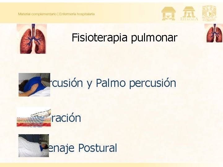 Fisioterapia pulmonar Percusión y Palmo percusión Vibración Drenaje Postural Fisioterapia pulmonar Percusión y Palmo percusión Vibración Drenaje Postural