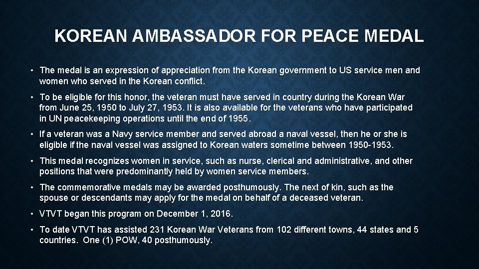 KOREAN AMBASSADOR FOR PEACE MEDAL • The medal is an expression of appreciation from