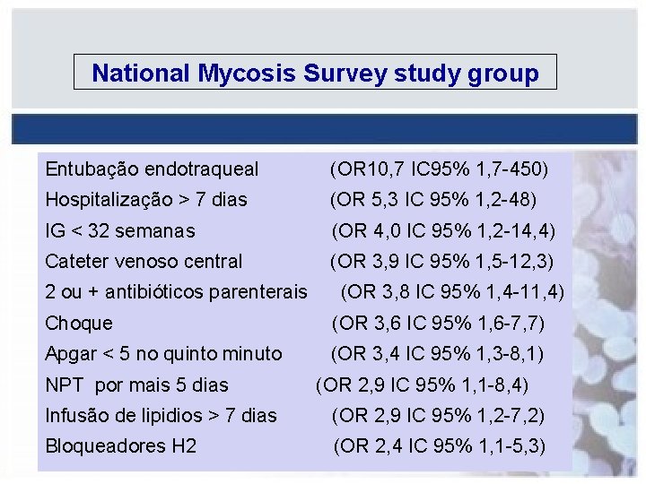 National Mycosis Survey study group Entubação endotraqueal (OR 10, 7 IC 95% 1, 7