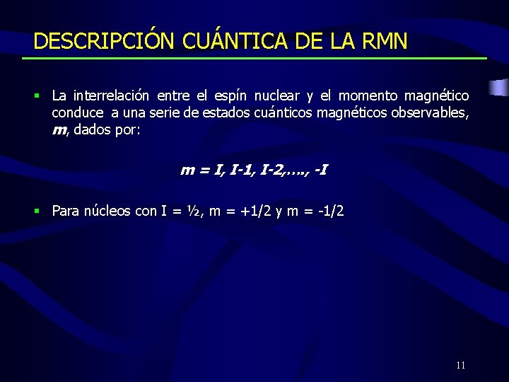 DESCRIPCIÓN CUÁNTICA DE LA RMN § La interrelación entre el espín nuclear y el