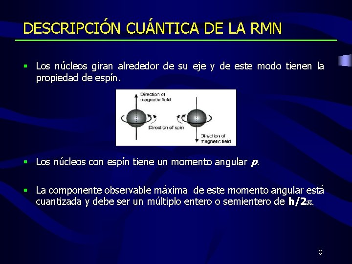 DESCRIPCIÓN CUÁNTICA DE LA RMN § Los núcleos giran alrededor de su eje y