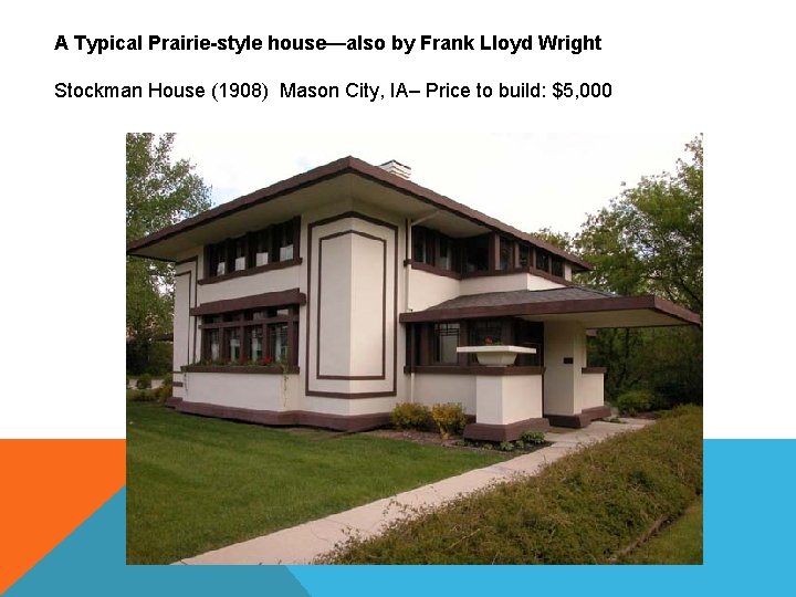 A Typical Prairie-style house—also by Frank Lloyd Wright Stockman House (1908) Mason City, IA–