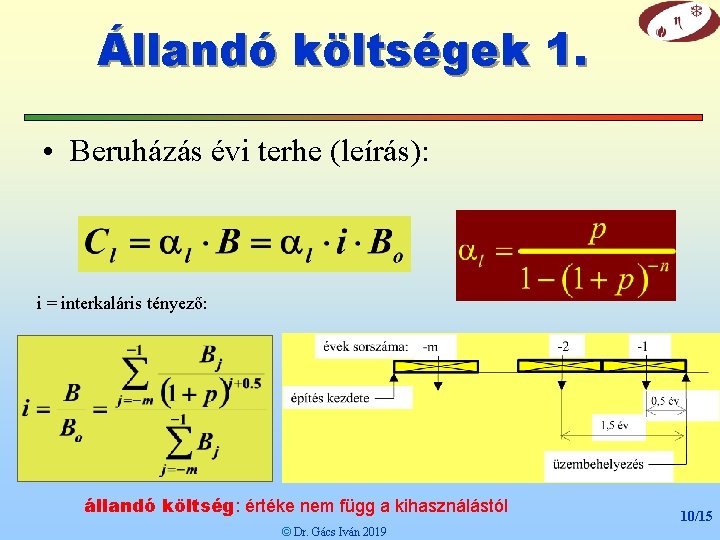 Állandó költségek 1. • Beruházás évi terhe (leírás): i = interkaláris tényező: állandó költség: