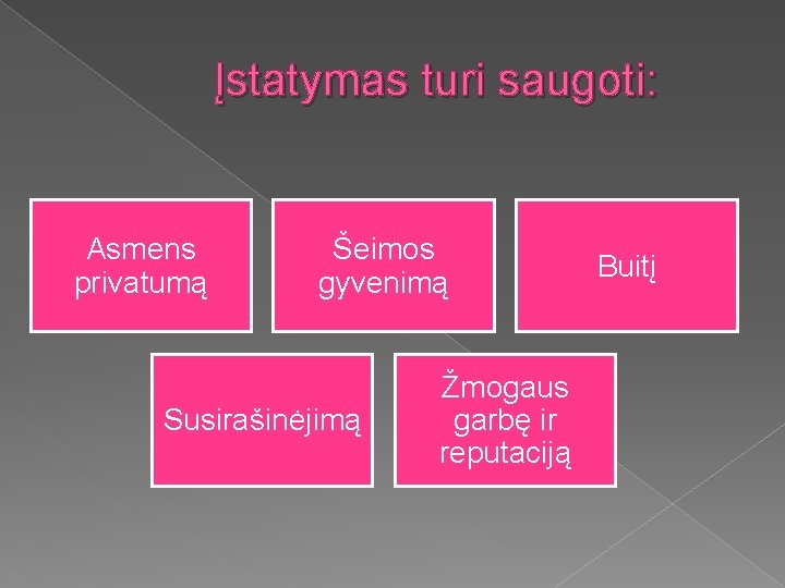 Įstatymas turi saugoti: Asmens privatumą Šeimos gyvenimą Susirašinėjimą Žmogaus garbę ir reputaciją Buitį 