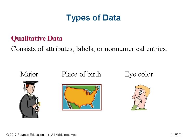 Types of Data Qualitative Data Consists of attributes, labels, or nonnumerical entries. Major Place
