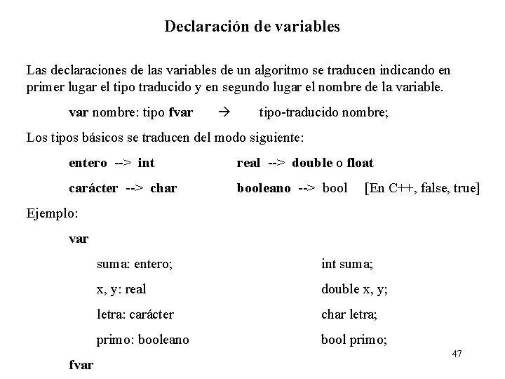 Declaración de variables Las declaraciones de las variables de un algoritmo se traducen indicando