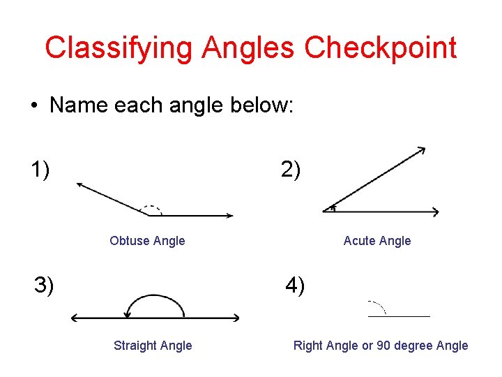 Classifying Angles Checkpoint • Name each angle below: 1) 2) Obtuse Angle 3) Acute