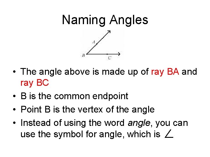 Naming Angles • The angle above is made up of ray BA and ray