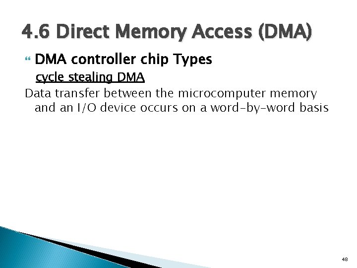 4. 6 Direct Memory Access (DMA) DMA controller chip Types cycle stealing DMA Data