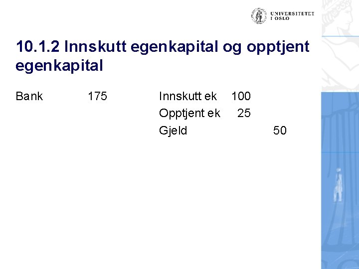 10. 1. 2 Innskutt egenkapital og opptjent egenkapital Bank 175 Innskutt ek 100 Opptjent