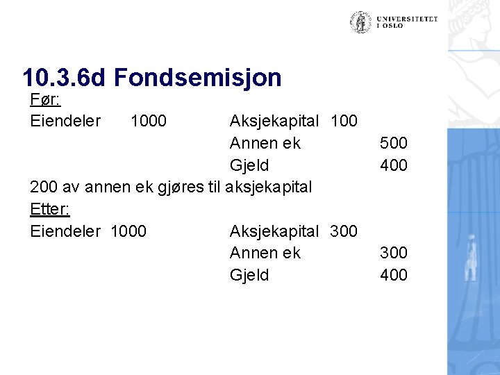 10. 3. 6 d Fondsemisjon Før: Eiendeler 1000 Aksjekapital 100 Annen ek Gjeld 200