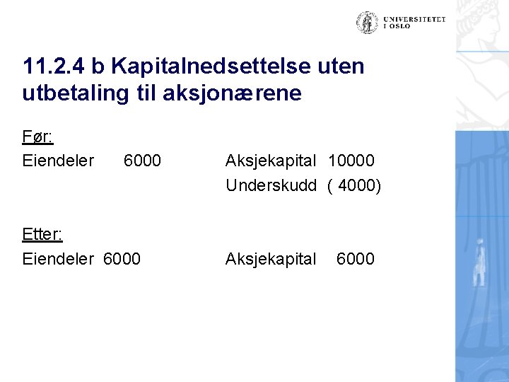 11. 2. 4 b Kapitalnedsettelse uten utbetaling til aksjonærene Før: Eiendeler 6000 Etter: Eiendeler