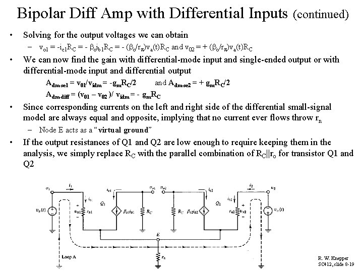 Bipolar Diff Amp with Differential Inputs (continued) • Solving for the output voltages we