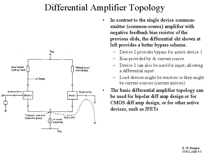 Differential Amplifier Topology • In contrast to the single device commonemitter (common-source) amplifier with