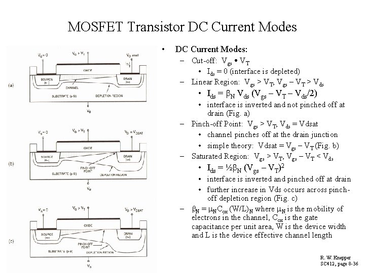 MOSFET Transistor DC Current Modes • DC Current Modes: – Cut-off: Vgs VT •