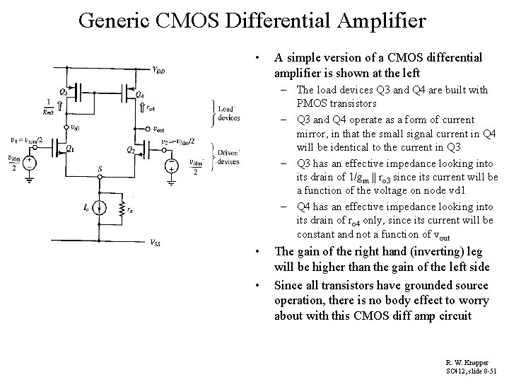 Generic CMOS Differential Amplifier • A simple version of a CMOS differential amplifier is