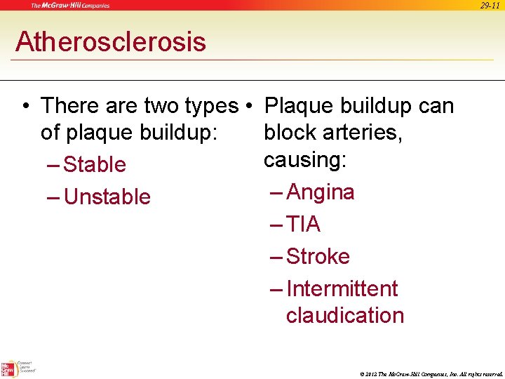 29 -11 Atherosclerosis • There are two types • of plaque buildup: – Stable