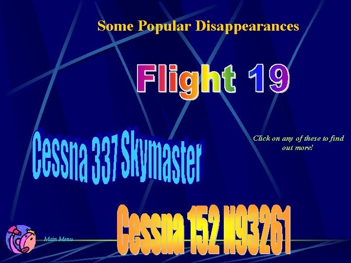 Some Popular Disappearances Click on any of these to find out more! Main Menu