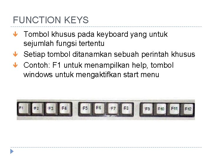 FUNCTION KEYS Tombol khusus pada keyboard yang untuk sejumlah fungsi tertentu Setiap tombol ditanamkan