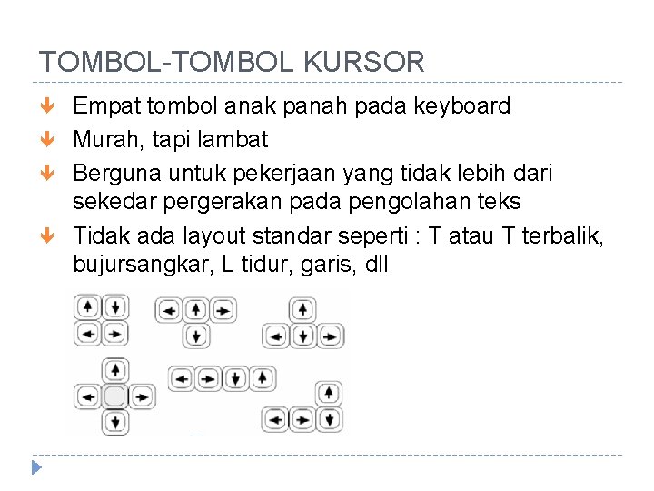 TOMBOL-TOMBOL KURSOR Empat tombol anak panah pada keyboard Murah, tapi lambat Berguna untuk pekerjaan