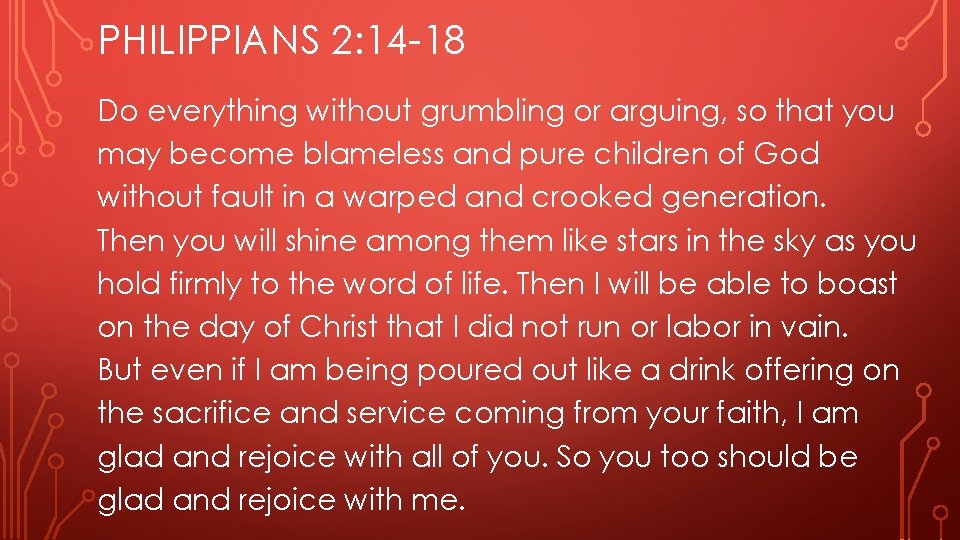 PHILIPPIANS 2: 14 -18 Do everything without grumbling or arguing, so that you may